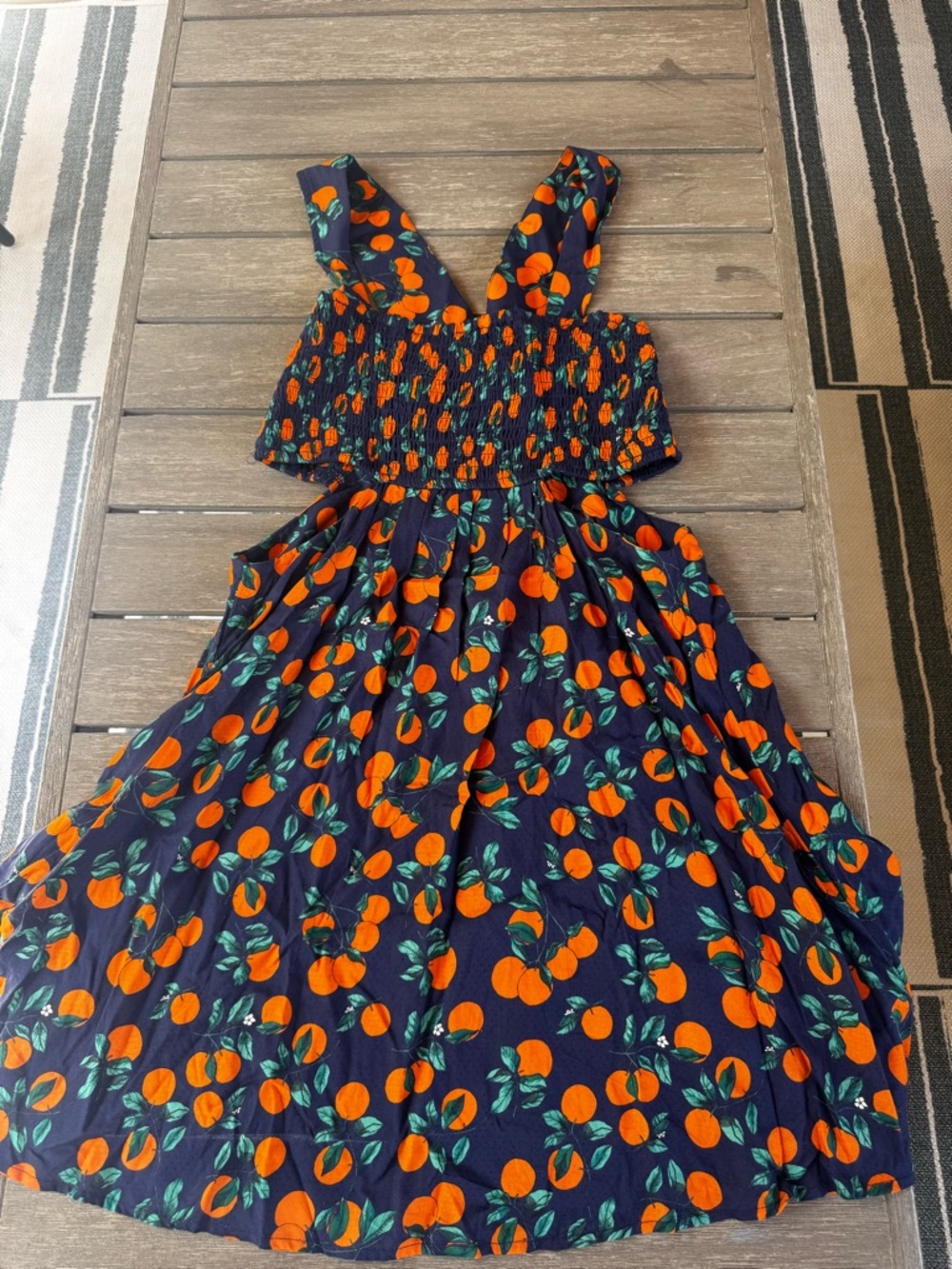 Anthropologie Navy and Orange Fruit-Print Mini Dress